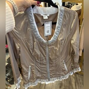 Alison Sheri zip up ruffle jacket gray and white size M